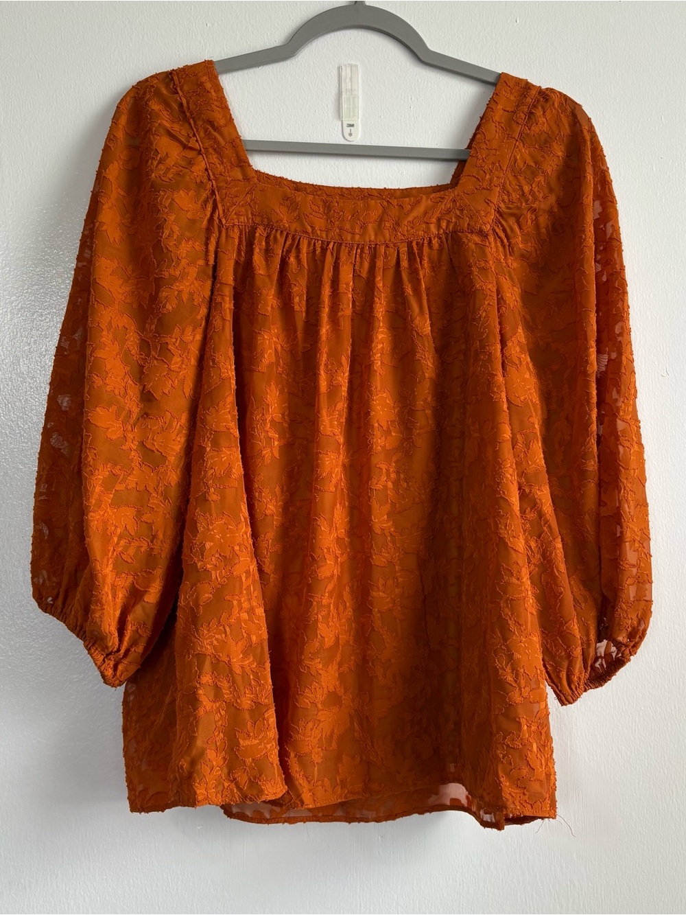 LC Lauren Conrad Orange Floral Textured Boho Square Neck Puff Sleeve Blouse M
